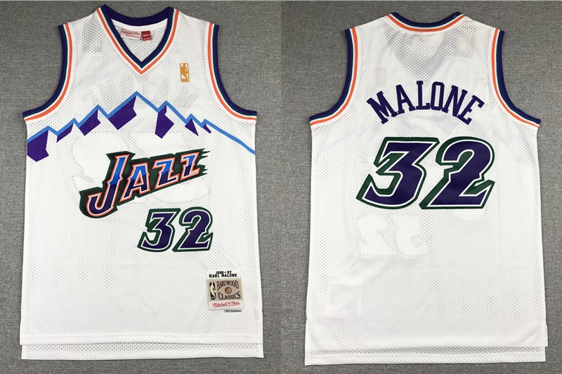 Utah Jazz #32 Karl Malone Mountain White Gold Hardwood Classics Soul Swingman Throwback Jersey - Zenithce