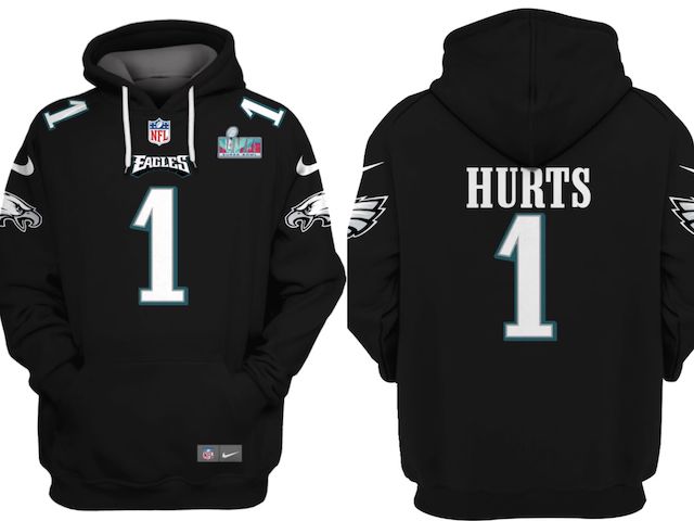 Philadelphia Eagles #1 Jalen Hurts Black Super Bowl LVII Patch Pullover Hoodie - Zenithce