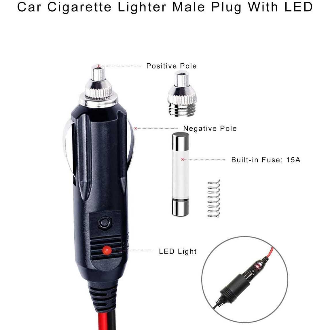 SPARKING Cigarette Lighter Extension Cord Male Plug to Female Socket 16AWG Heavy Duty Extension Cable with LED Lights Power for Tire - Zenithce