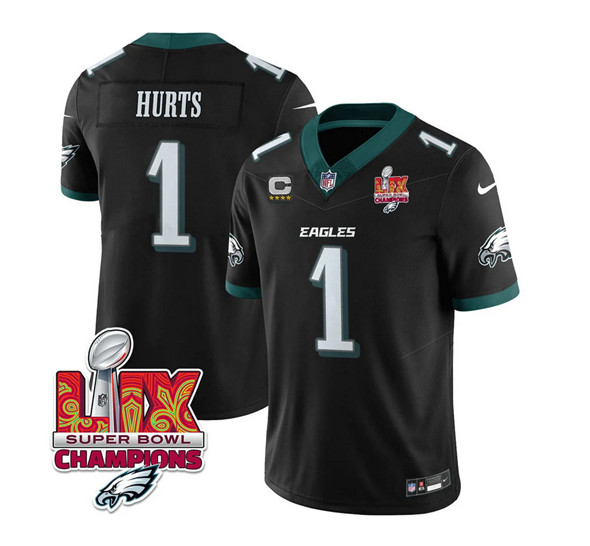 Philadelphia Eagles #1 Jalen Hurts Black 2025 Eagles Logo Super Bowl LIX Patch New F.U.S.E. Vapor Untouchable Limited Stitched Jersey - Zenithce