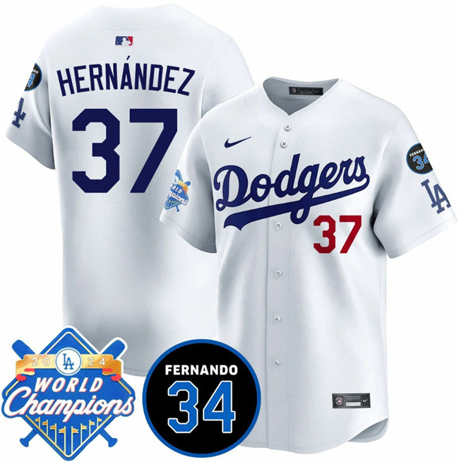 Los Angeles Dodgers #37 Teoscar Hernandez White 2024 World Champions Fernando Memorial Patch Vapor Premier Home Limited Stitched Jersey - Zenithce