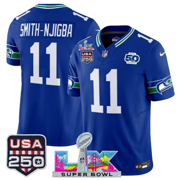 Seattle Seahawks #11 Jaxon Smith-Njigba Royal 2025 F.U.S.E. Super Bowl LX Patch And 50th Season USA 250' Patch Vapor Throwback Limited Stitched Jersey - Zenithce