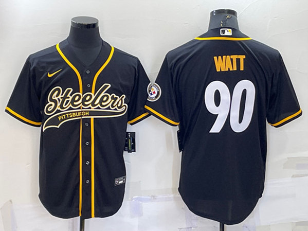 Pittsburgh Steelers #90 T.J. Watt Black With Patch Cool Base Stitched Baseball Jersey - Zenithce