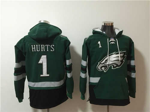 Philadelphia Eagles #1 Jalen Hurts Green Ageless Must-Have Lace-Up Pullover Hoodie - Zenithce