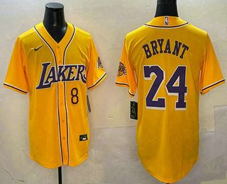 Los Angeles Lakers #8 24 Kobe Bryant Yellow Purple With Patch Cool Base Stitched Baseball Jersey - Zenithce