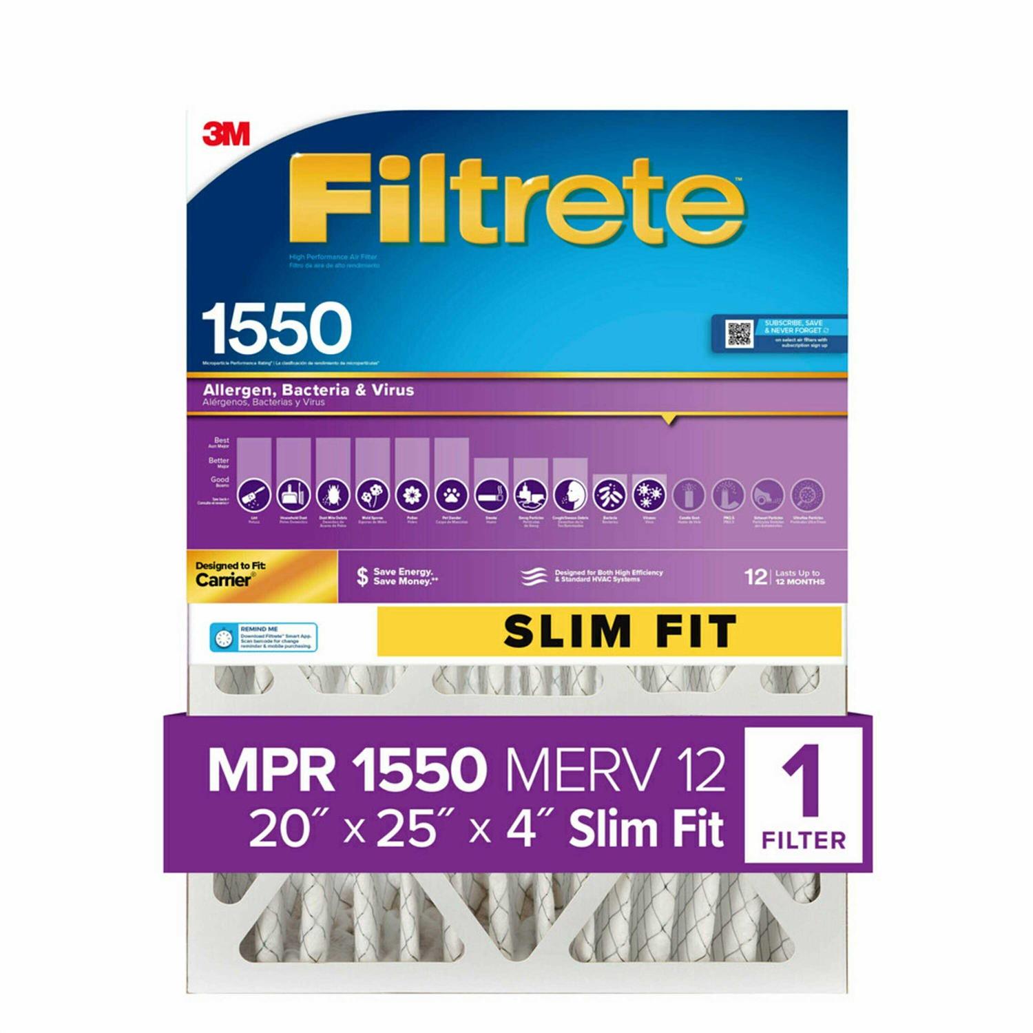 Filtrete 20-in W x 25-in L x 12 MERV 1550 MPR Allergen, Bacteria and Virus Electrostatic Pleated Air Filter - Zenithce
