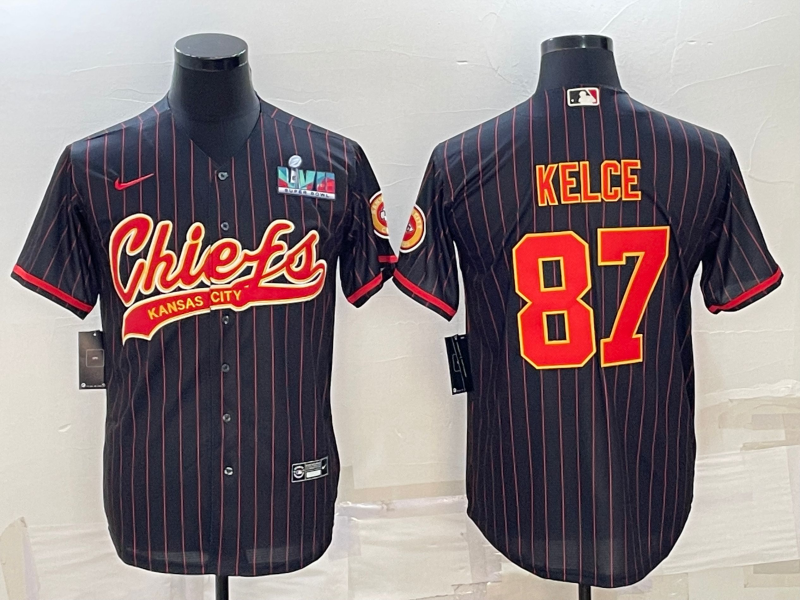 Kansas City Chiefs #87 Travis Kelce Black With Super Bowl LVII Patch Cool Base Stitched Baseball Jersey - Zenithce