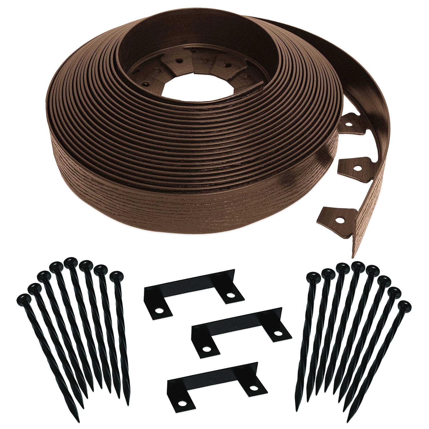 EasyFlex Tall Wall No-Dig Landscape Edging with Anchoring Spikes 2.5 in. Tall Straight Top Plastic Garden Border with Woodgrain Texture - Zenithce