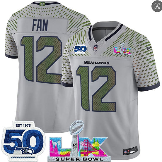 Seattle Seahawks #12 Fan Gray 2025 F.U.S.E. Super Bowl LX Patch And 50th Season Patch “Rivalries” Vapor Limited Stitched Jersey - Zenithce