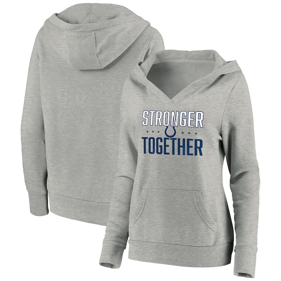 Women's Indianapolis Colts Heather Gray Stronger Together Crossover Neck Pullover Hoodie(Run Small) - Zenithce