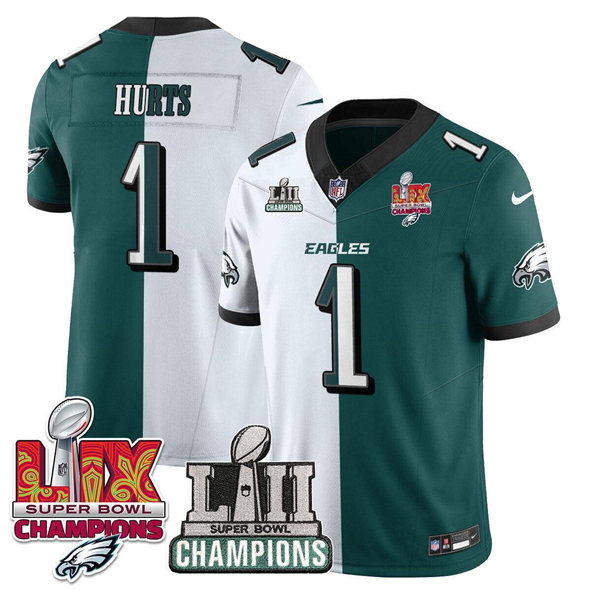 Philadelphia Eagles #1 Jalen Hurts White Green 2025 LII-LIX Super Bowl Champions Patch F.U.S.E. Vapor Untouchable Limited Stitched Jersey - Zenithce