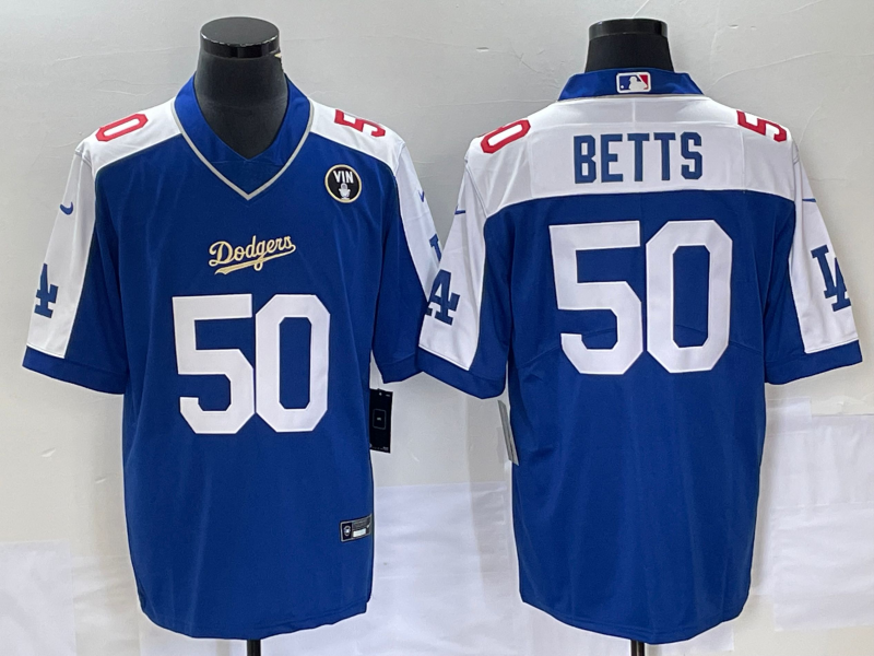 Los Angeles Dodgers #50 Mookie Betts Blue Vin Scully Patch Stitched Jersey - Zenithce