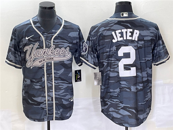 New York Yankees #2 Derek Jeter Gray Camo With Patch Cool Base Stitched Jersey - Zenithce