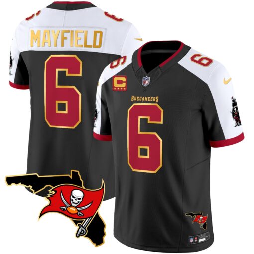 Tampa Bay Buccaneers #6 Baker Mayfield Black White With Florida Patch Gold Trim Vapor Stitched Jersey - Zenithce