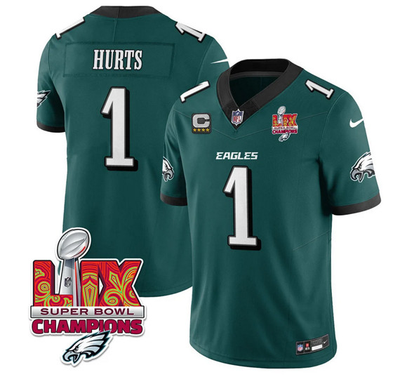 Philadelphia Eagles #1 Jalen Hurts Green 2025 Eagles Logo Super Bowl LIX Patch With 4-Star C Patch New F.U.S.E. Vapor Untouchable Limited Stitched Jersey - Zenithce