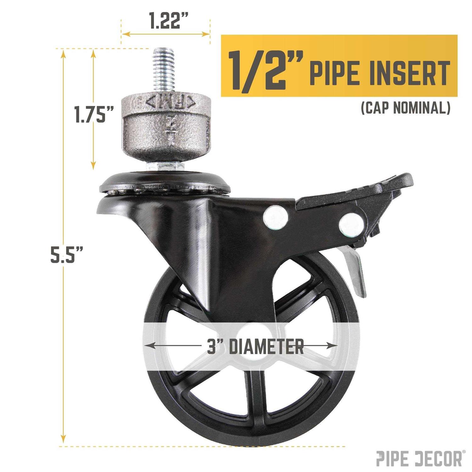 PIPE DECOR Black Malleable Iron Cap Fitting with 3 in. Caster Wheel for Pipe Furniture - Zenithce