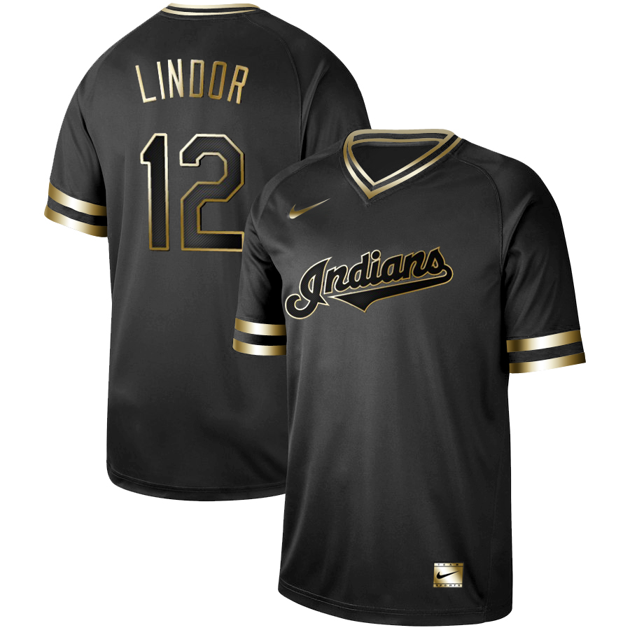Cleveland Indians #12 Francisco Lindor Black Gold Stitched Jersey - Zenithce