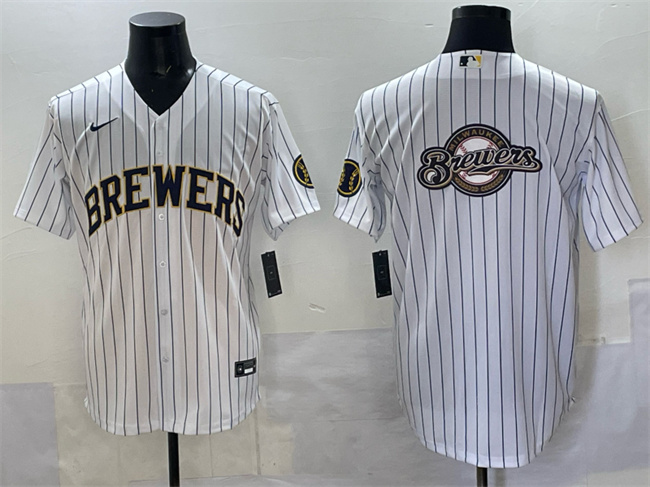 Milwaukee Brewers Team Big Logo White Pinstripe 2025 With Patch Stitched Jersey - Zenithce