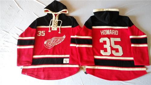 Red Wings #35 Jimmy Howard Red Sawyer Hooded Sweatshirt Stitched Jersey - Zenithce