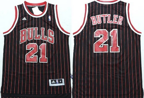 Chicago Bulls #21 Jimmy Butler Revolution 30 Swingman Black Pinstripe Jersey - Zenithce