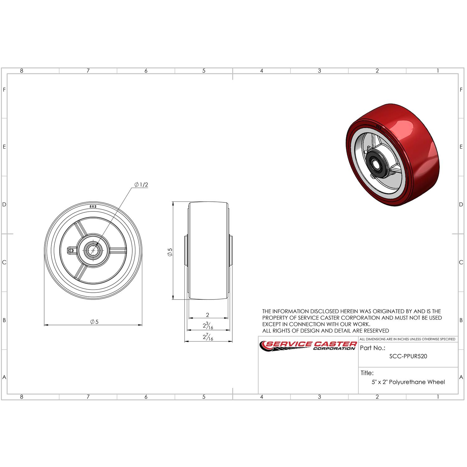 Service Caster 2 Polyurethane on Polyolefin Wheel Only with Roller Bearing - Zenithce