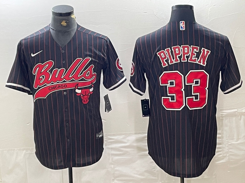 Chicago Bulls #33 Scottie Pippen Black Pinstripe Cool Base Stitched Baseball Jersey - Zenithce