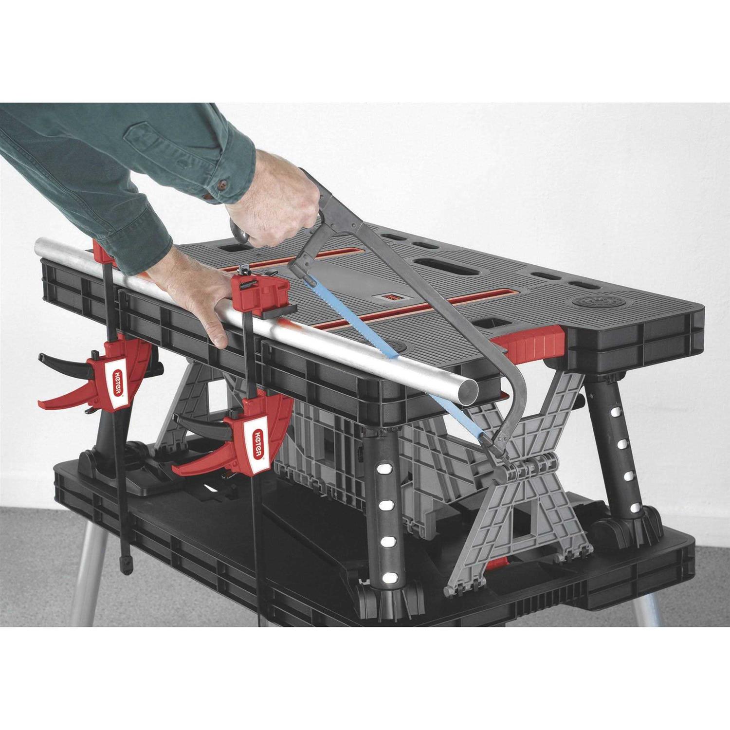 Keter Folding Portable Workbench Sawhorse with 12 Clamps - Zenithce