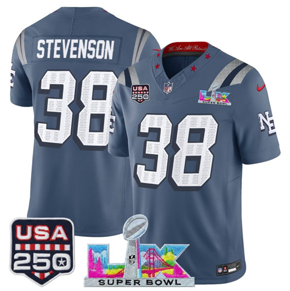 New England Patriots #38 Rhamondre Stevenson Storm Blue 2025 F.U.S.E. Super Bowl LX USA 250' Patch “Rivalries” Vapor Limited Stitched Jersey - Zenithce
