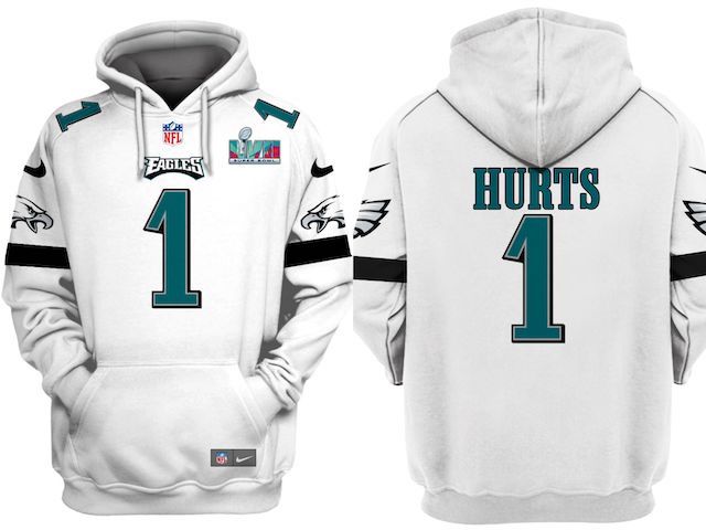 Philadelphia Eagles #1 Jalen Hurts White Super Bowl LVII Patch Pullover Hoodie - Zenithce