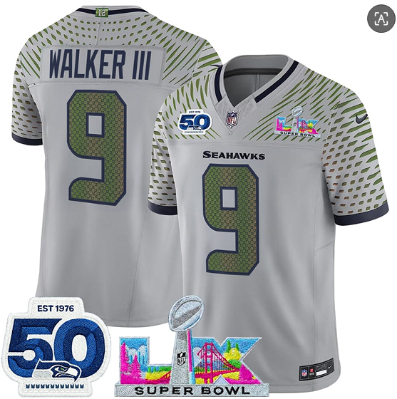 Seattle Seahawks #9 Kenneth Walker III Gray 2025 F.U.S.E. Super Bowl LX Patch And 50th Season Patch “Rivalries” Vapor Limited Stitched Jersey - Zenithce