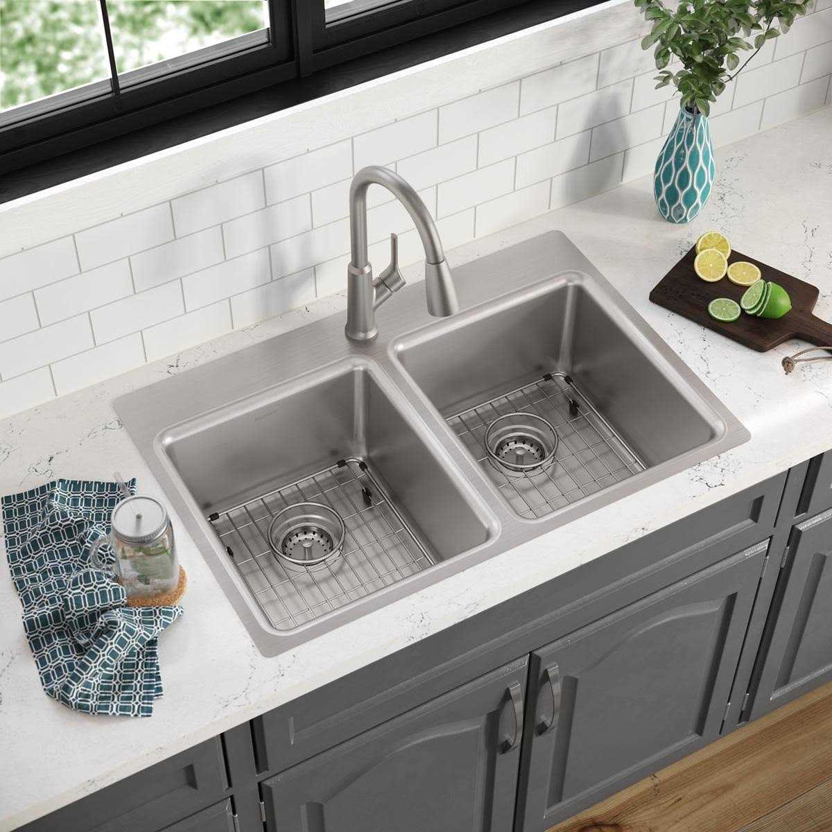 Elkay Drop-in 33-in x 22-in Satin Stainless Steel Double Equal Bowl 4-Hole Kitchen Sink All-in-One Kit LWDB332274KIT - Zenithce