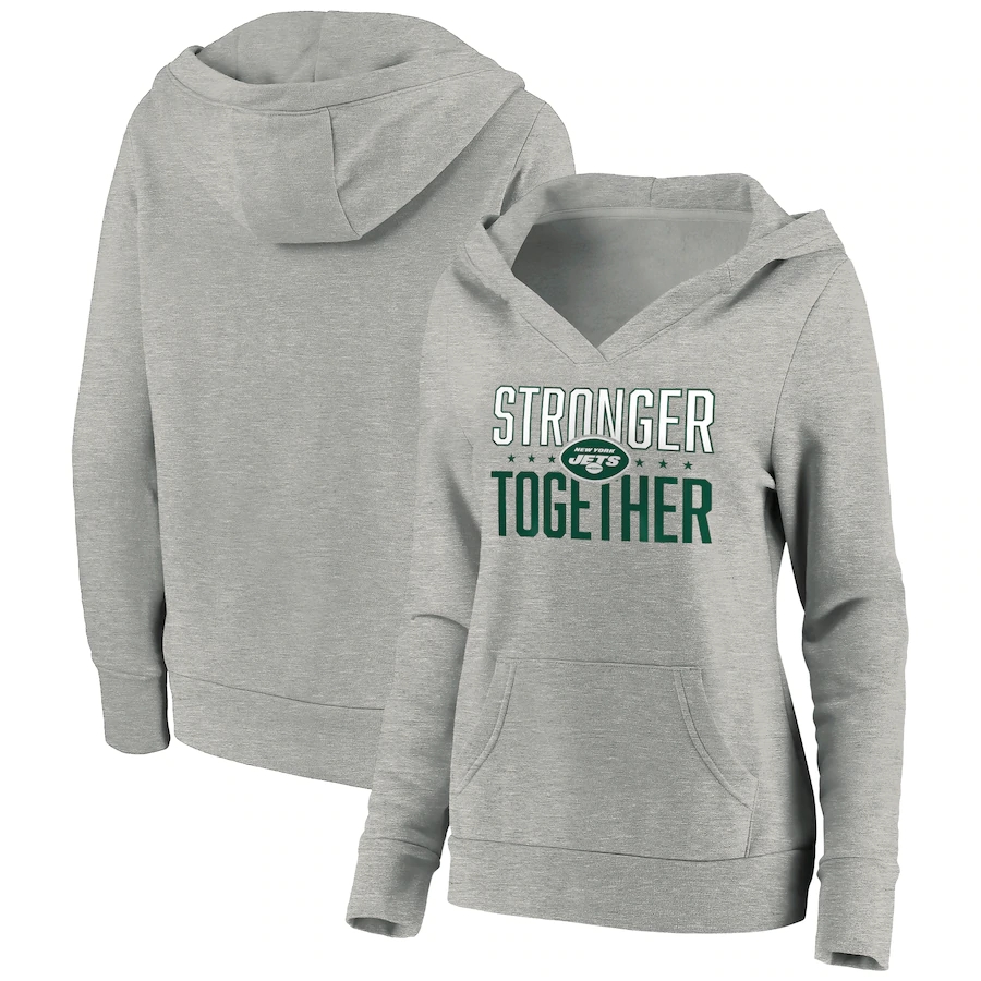 Women's New York Jets Heather Gray Stronger Together Crossover Neck Pullover Hoodie(Run Small) - Zenithce