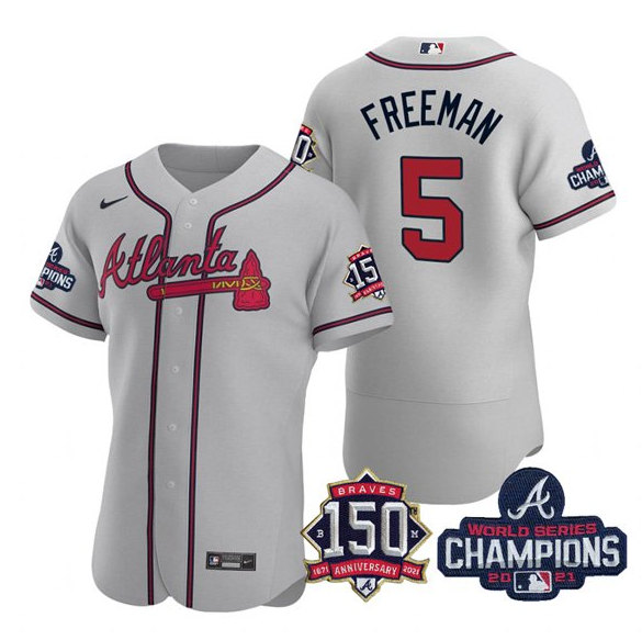 Atlanta Braves #5 Freddie Freeman 2021 Gray World Series Champions With 150th Anniversary Flex Base Stitched Jersey - Zenithce