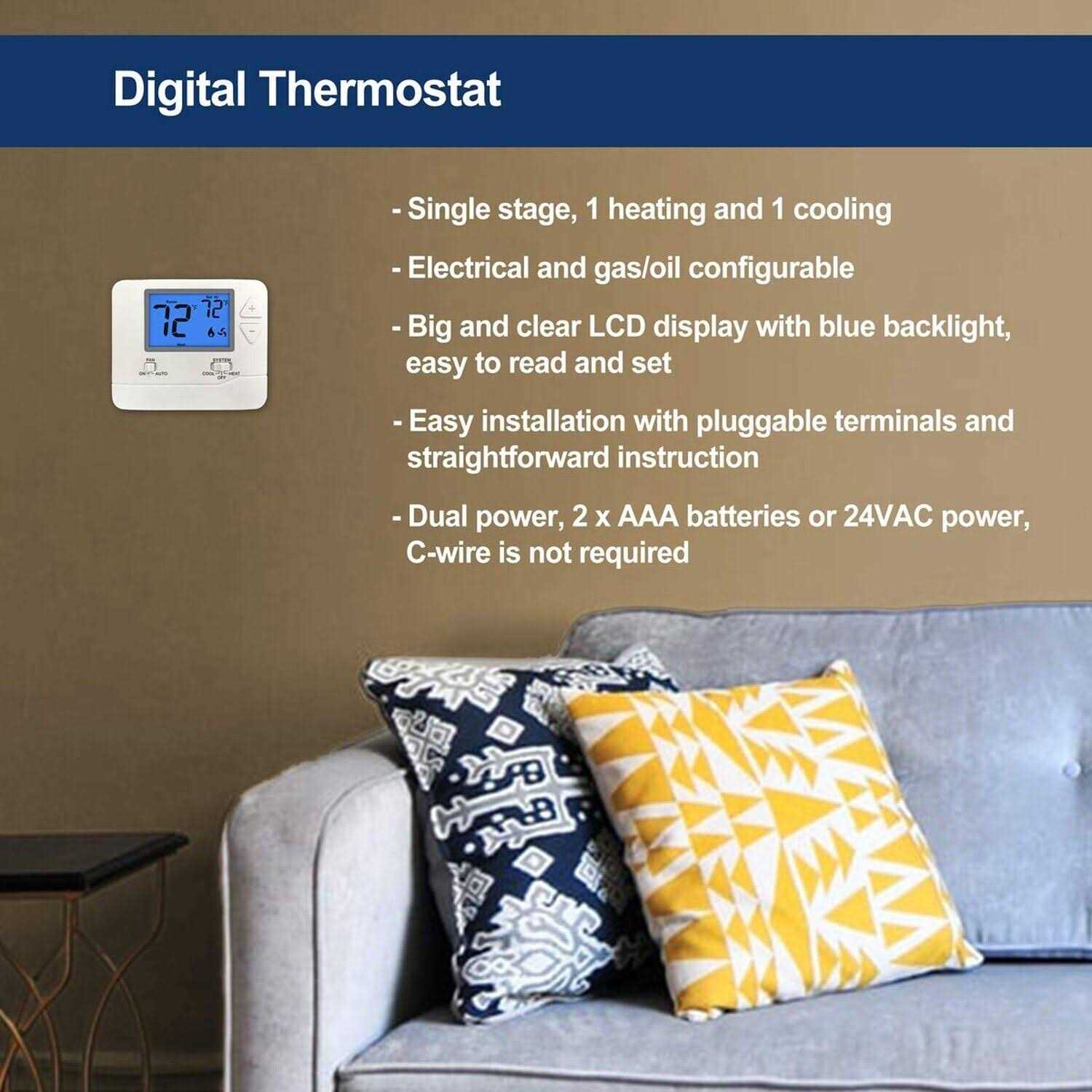 Electeck Digital Thermostat with Large LCD Display, Non-Programmable, Compatible with Single Stage Electrical and Gas/Oil System - Zenithce