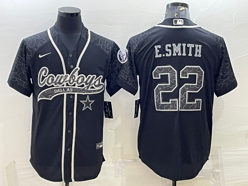 Dallas Cowboys #22 Emmitt Smith Black Reflective With Patch Cool Base Stitched Baseball Jersey - Zenithce