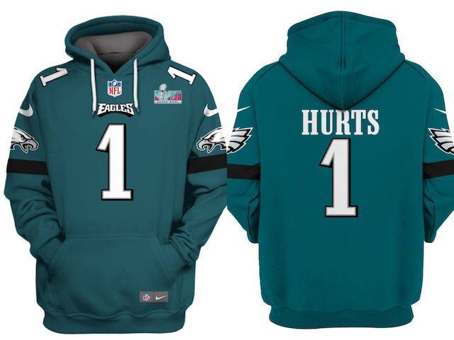 Philadelphia Eagles #1 Jalen Hurts Green Super Bowl LVII Patch Pullover Hoodie - Zenithce