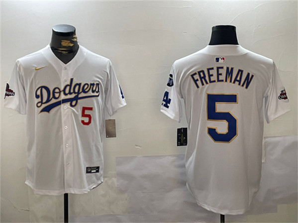 Los Angeles Dodgers #5 Freddie Freeman White Gold 2024 World Series Champions With Fernando Memorial Patch Home Limited Stitched Jersey - Zenithce