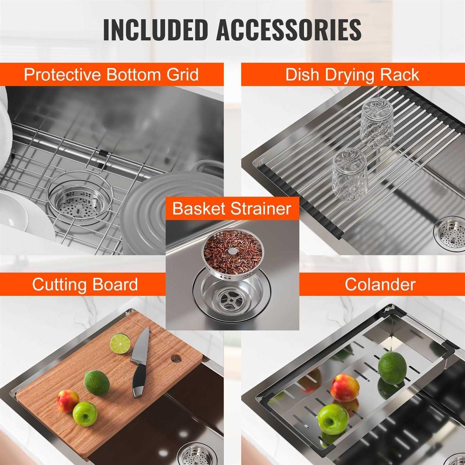 VEVOR Kitchen Sink, 304 Stainless Steel Drop-In Sinks Single Bowl Basin Accessories - Zenithce