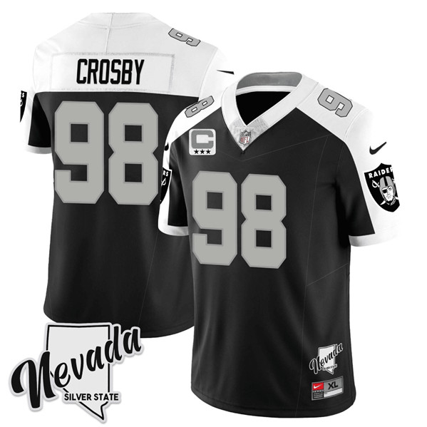 Las Vegas Raiders #98 Maxx Crosby Black White 2023 F.U.S.E Nevada Silver Stat With 3-Star C Patch Stitched Jersey - Zenithce