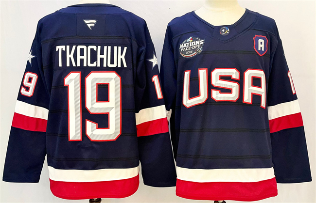 USA #19 Matthew Tkachuk Navy 2025 With A Patch 4 Nations Face-Off Stitched Jersey - Zenithce