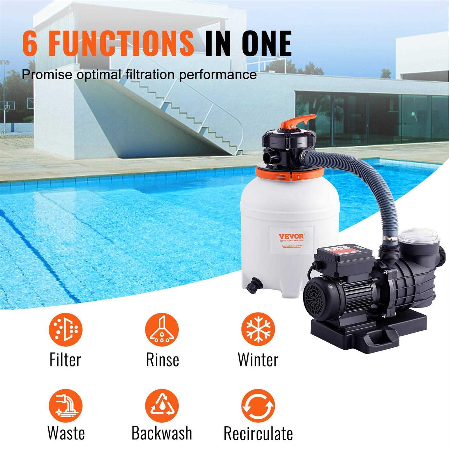 VEVOR Sand Filter Pump GPH Swimming Pool Pump Filter Set with 6-Way Multi-Port Valve Pool - Zenithce