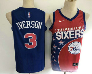 Philadelphia 76ers #3 Allen Iverson Red with Blue Salute Swingman Stitched Jersey - Zenithce