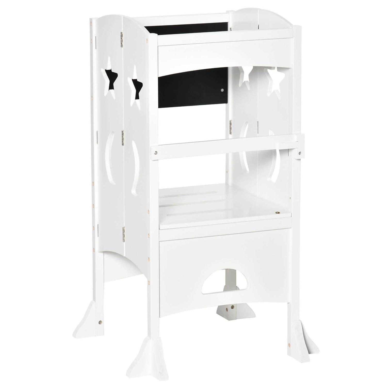 Qaba Kids Foldable Kitchen Step Stool with Chalkboard and Lockable Handrail for Children 3-6 Years Old - Zenithce