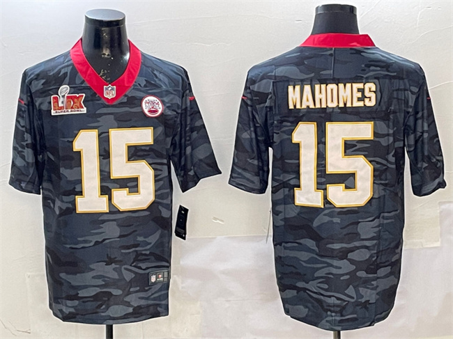 Kansas City Chiefs #15 Patrick Mahomes Black 2025 Super Bowl LIX Patch Camo Vapor Limited Stitched Jersey - Zenithce