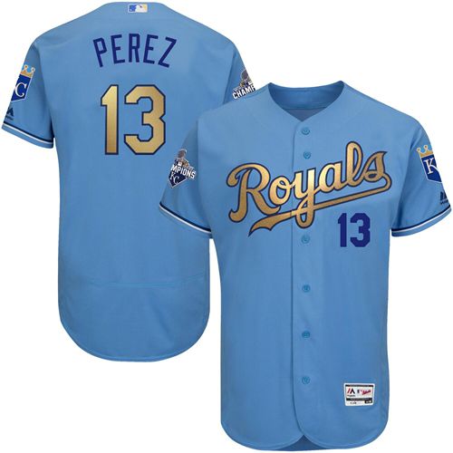 Royals #13 Salvador Perez Light Blue FlexBase Authentic 2015 World Series Champions Gold Program Stitched Jersey - Zenithce