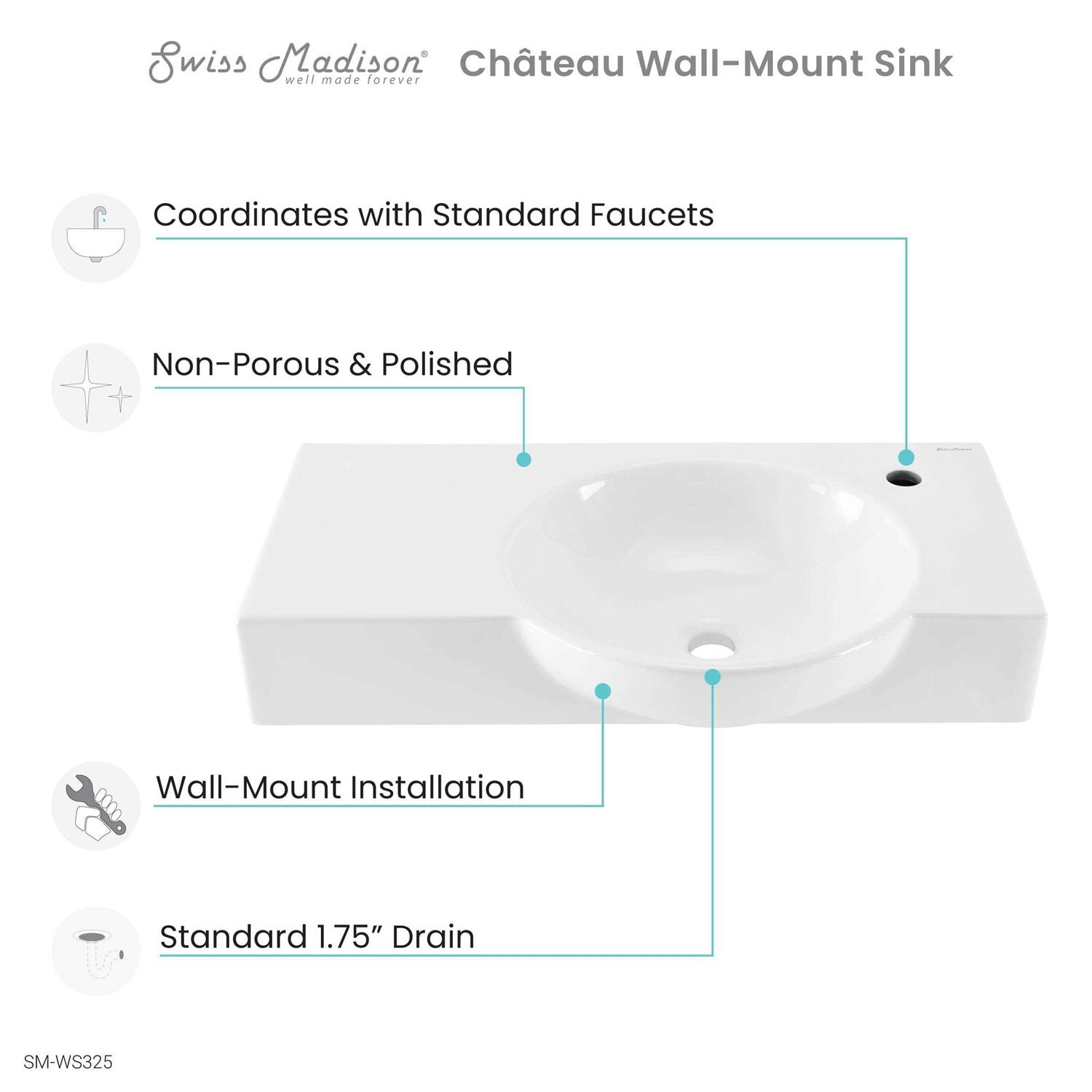 Swiss Madison Chateau 30 inch Left Side Faucet Wall-Mount Bathroom Sink SM-WS326 - Zenithce