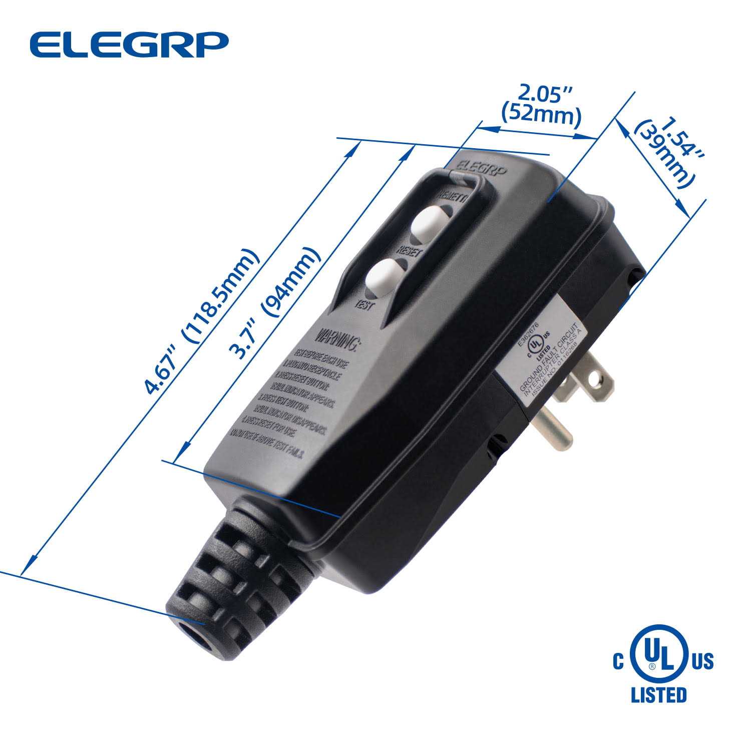 ELEGRP 4.67 in. 15 Amp Auto Reset 3 Prong Portable GFCI Replacement Right Angle Plug Assembly - Zenithce
