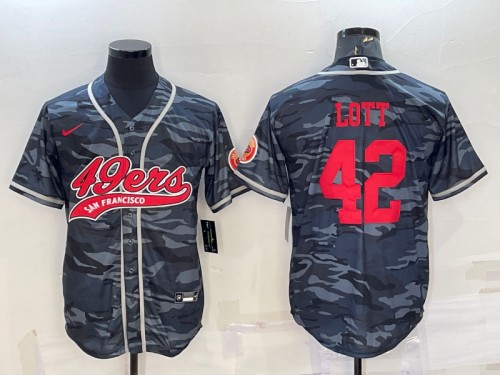 San Francisco 49ers #42 Ronnie Lott Grey Red Camo With Patch Cool Base Stitched Baseball Jersey - Zenithce