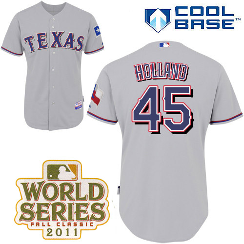 Rangers #45 Derek Holland Grey Cool Base 2011 World Series Patch Stitched Jersey - Zenithce