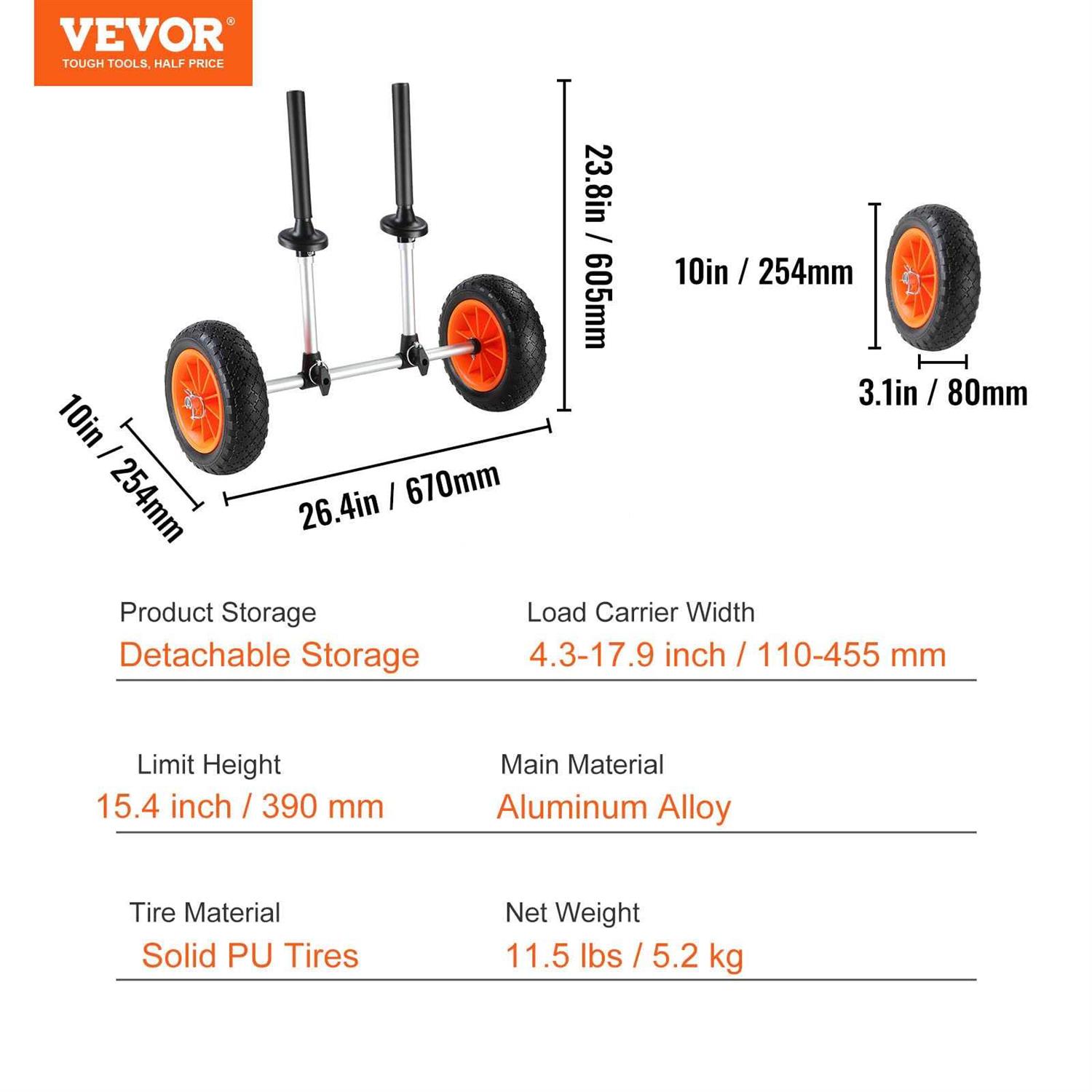 VEVOR Heavy Duty Kayak Cart 280lbs Load Capacity Detachable Canoe Trolley Cart with 10” Solid Tires Adjustable Width & Top Foam Protection - Zenithce